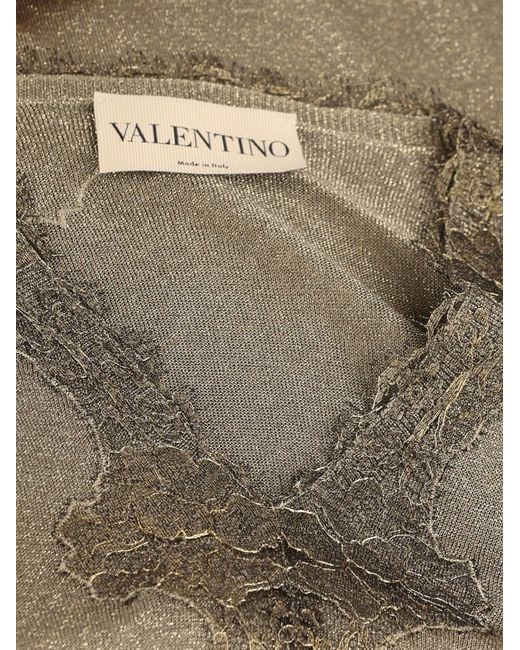 Valentino Gray V-Neck Long-Sleeved Knit Top