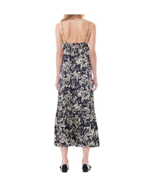 Ganni White Flan Printed Satin Strap Dress