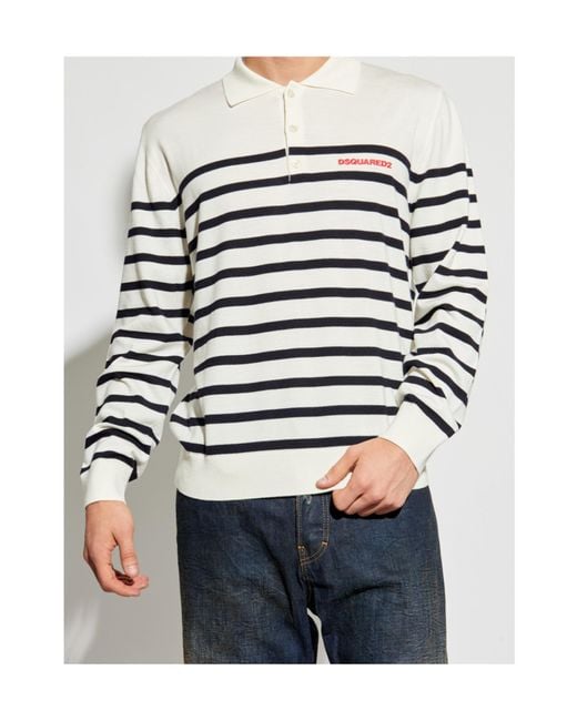 DSquared² White Logo Embroidered Striped Knit Polo Shirt for men