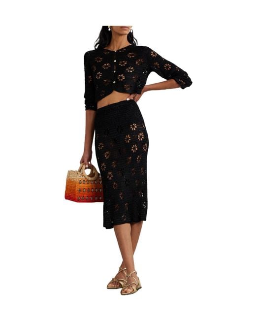 Calle Del Mar Black Crochet Midi Skirt With Floral Motifs