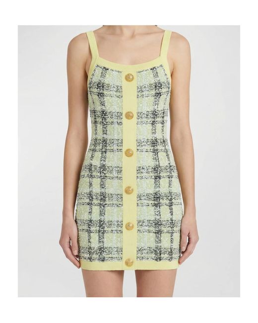 Balmain Green Check Patterned Tweed Mini Dress