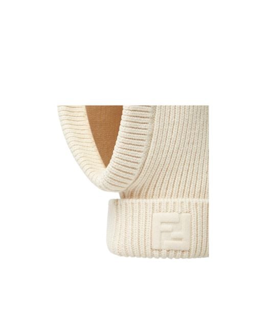 Fendi White Ribbed Logo Beanie Hat