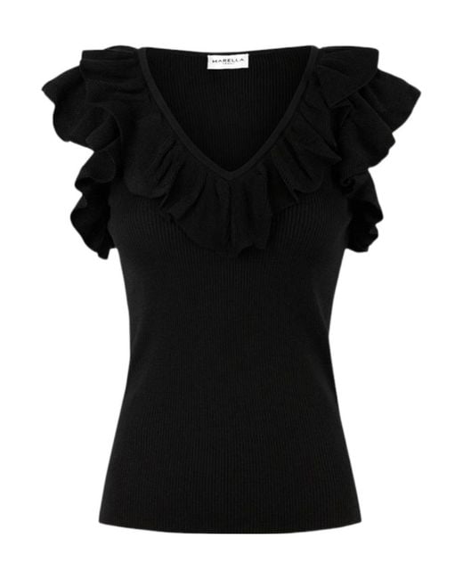 Marella Black Ruffled Fine Rib Knit T-Shirt