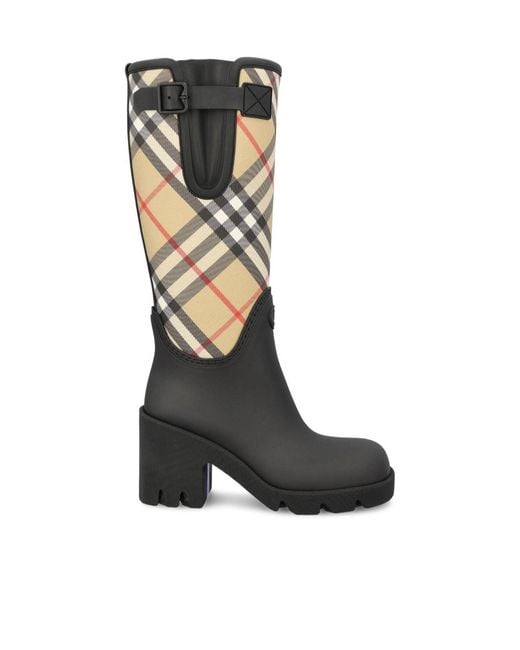 Burberry Black Logo Embossed Checked Heeled Boots