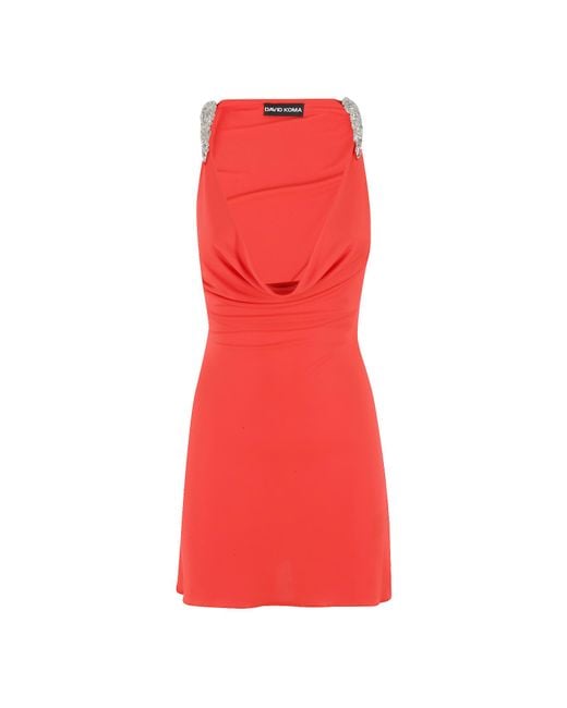 David Koma Red Crystal Claw Embr Detail Cowl Neck Mini
