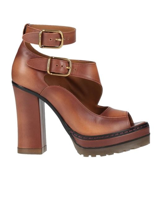 Chloé Brown Simple Genuine Leather Peep-Toe High Heels