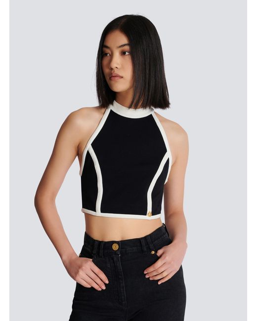 Balmain Black Two-Tone Cropped Top
