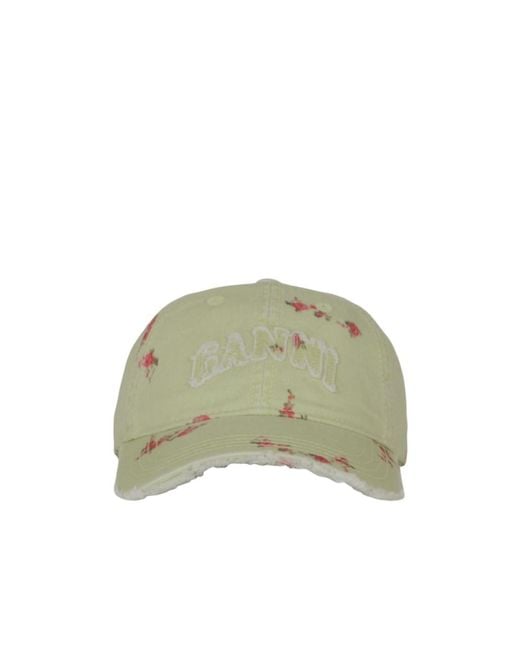 Ganni Green Floral Distressed Baseball Cap