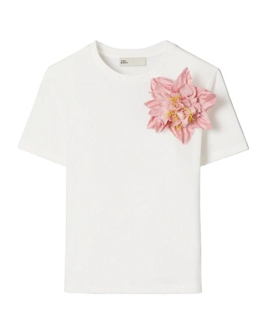 Tory Burch White Floral Applique Crewneck T-Shirt