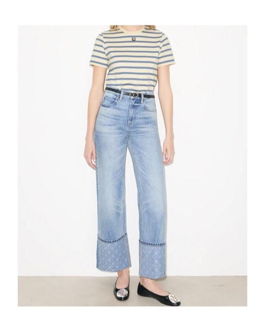Tory Burch Gray Striped Embroidered T-Shirt