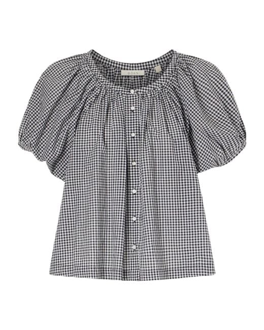Doen Gray And- Gingham Puff-Sleeve Cotton Blouse