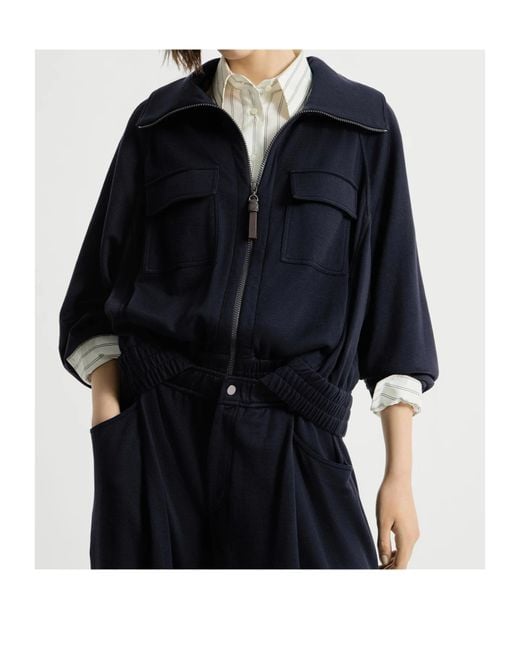 Brunello Cucinelli Blue Cotton And Silk Interlock Cardigan With Shiny Zipper Pull