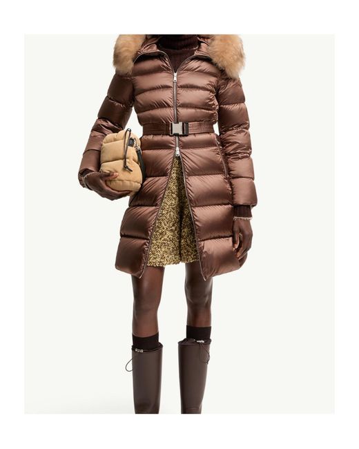 Moncler Brown Leersies Shearling Trimmed Hooded Long Down Coat