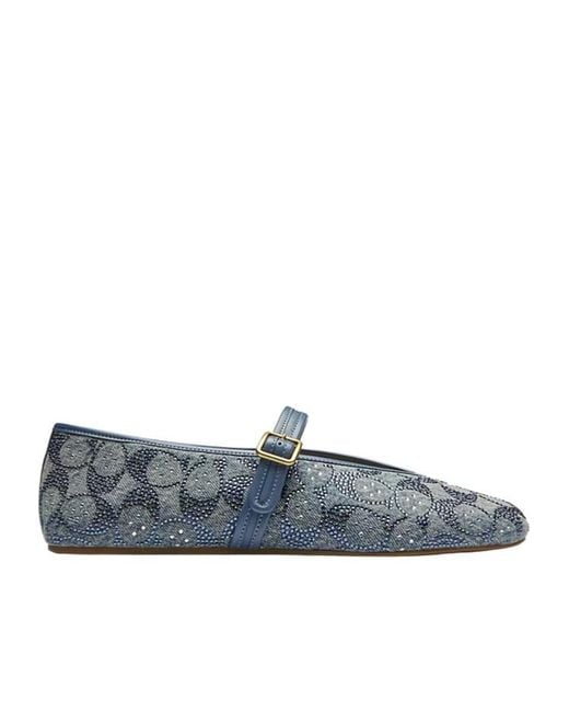 COACH Blue Mary Jane Crystal-Embellished Buckle-Strap Ballet Flats