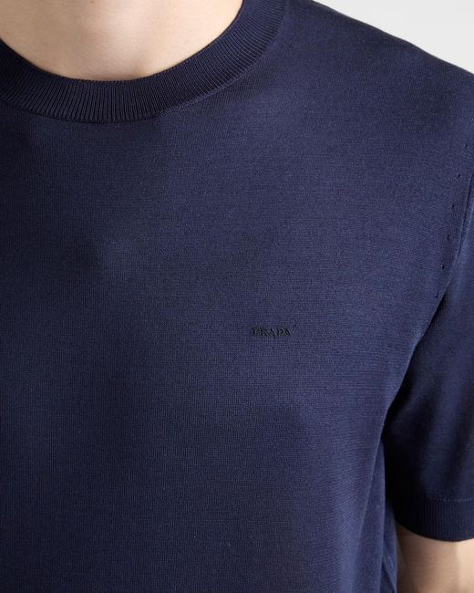 Prada Blue Short-Sleeved Silk Sweater for men