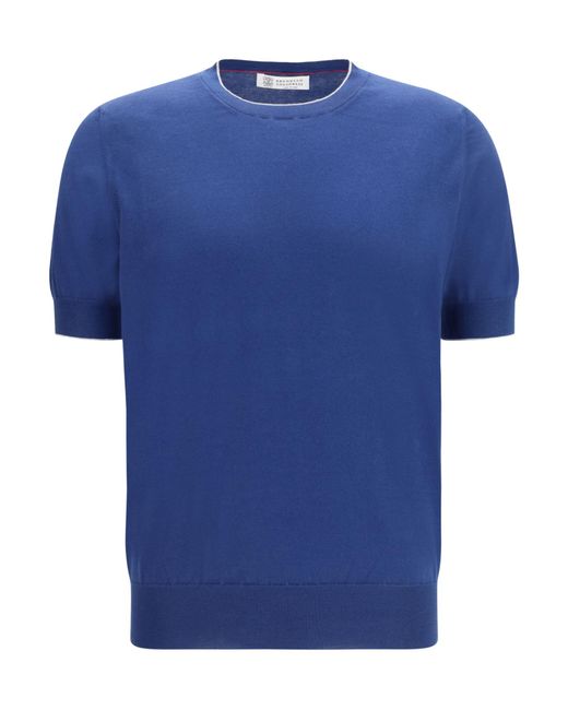 Brunello Cucinelli Blue Crew Neck Short-Sleeved T-Shirt for men