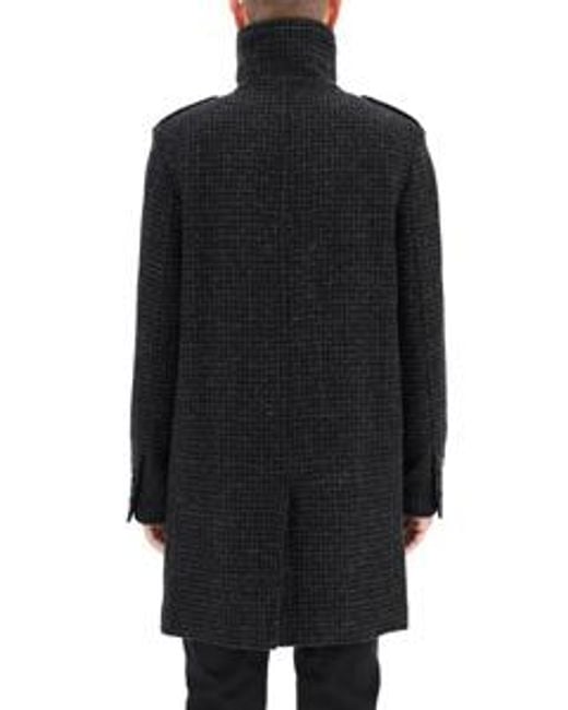 Saint Laurent Black Shearling-Collar Check Wool Coat for men