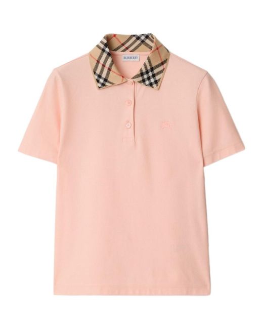 Burberry Pink Logo Embroidered Checked Collar Polo Shirt