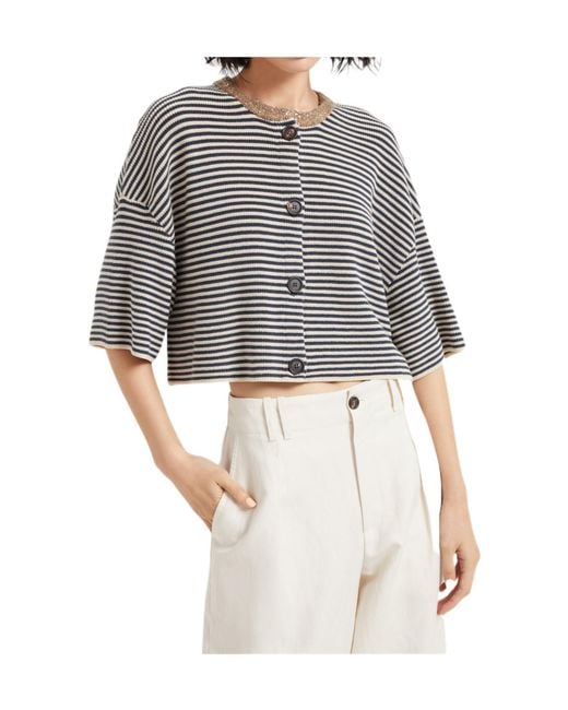 Brunello Cucinelli Gray Striped Sequin Embellished Cardigan