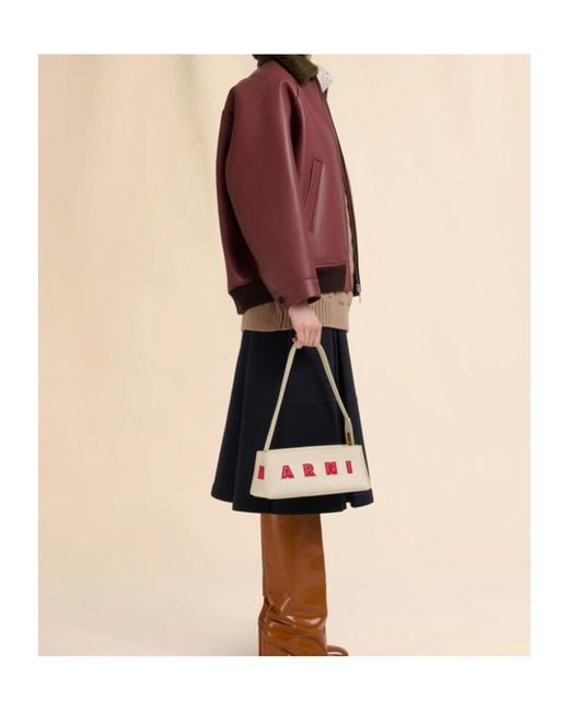 Marni White Logo Detailed Zipped Shoulder Bag