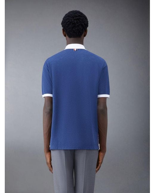 Thom Browne Blue Logo Patch Stripe-Detailed Polo Shirt for men