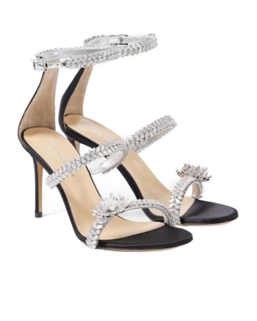 Mach & Mach White Crystal Flower Embellished Satin Sandals