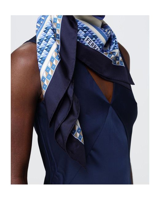 Ferragamo Blue Ferragamo Printed Frayed-Edge Scarf