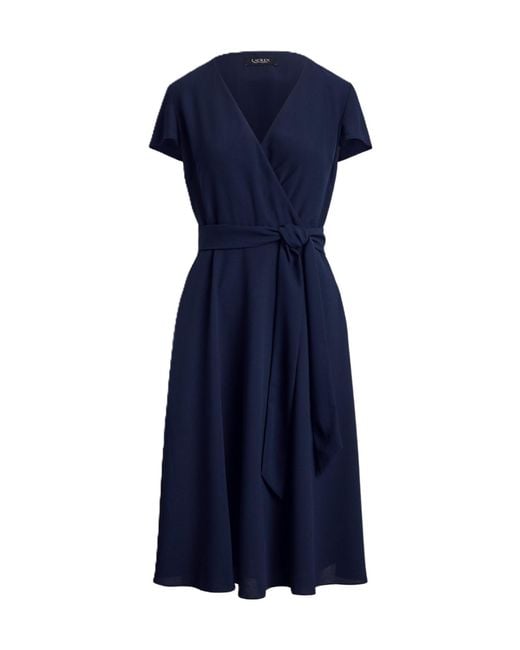 Ralph Lauren Blue Georgette Surplice V-Neck Short Sleeve Belted Midi Dress