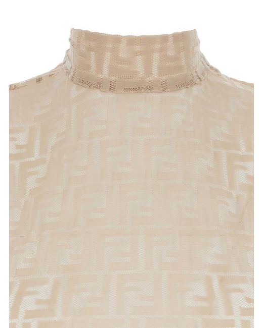 Fendi Natural Crewneck Sleeveless Top With All-Over Ff Motif And Rear Zip Closure