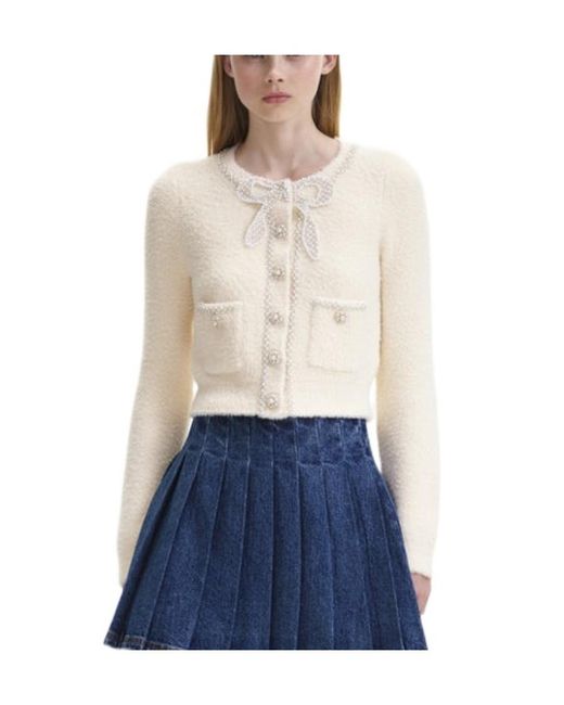Self-Portrait Blue Faux Pearl-Embellished Cropped Cardigan