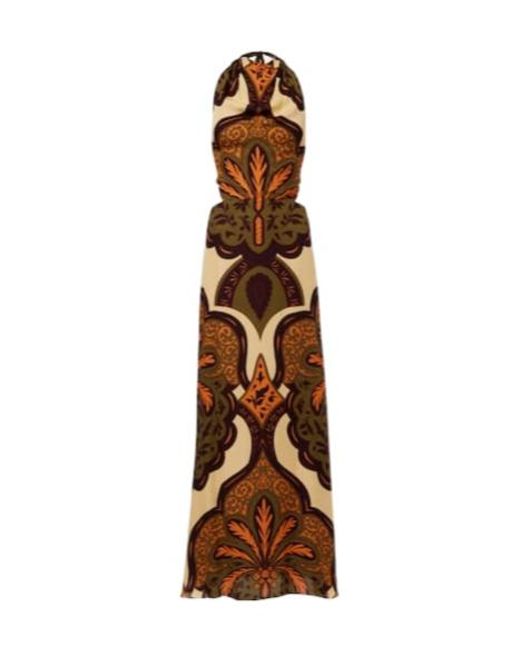 Johanna Ortiz Brown Halterneck Printed Silk Maxi Dress