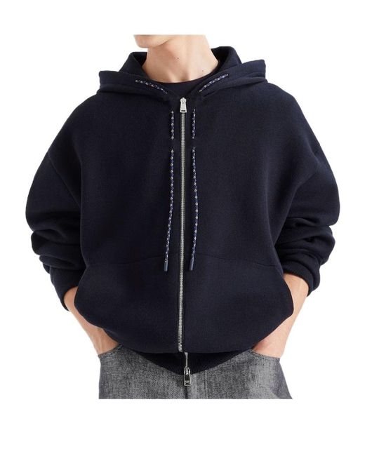 Fendi Blue Long Sleeved Zip-Up Drawstring Hoodie for men