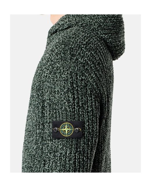 Stone Island Green Loose-Fitting Hooded Zip-Up Knit Sweater With Pockets for men