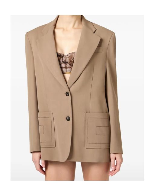 Elisabetta Franchi Natural Single Breasted Logo Thread-Embroidered Blazer
