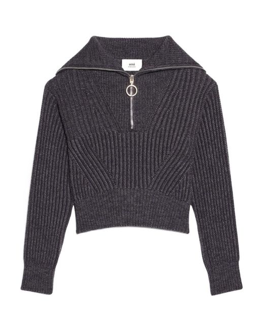 AMI Blue Ami Half-Zipped Knitted Sweater