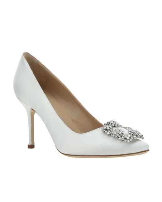 Manolo Blahnik White Hangisi Embellished Satin Pumps