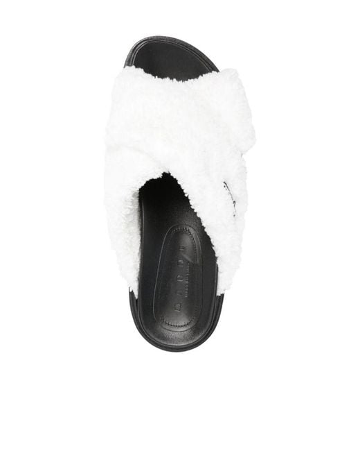 Marni White Logo-Embroidered Shearling Sandals
