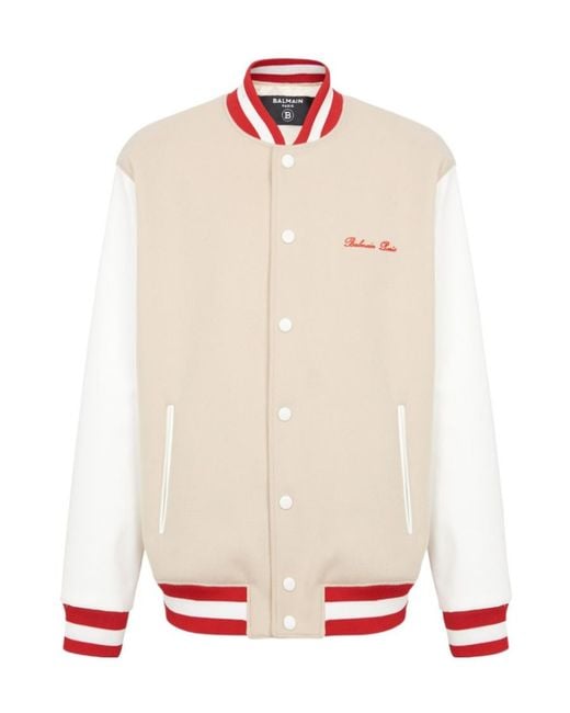 Balmain White Logo Embroidered Varsity Jacket for men