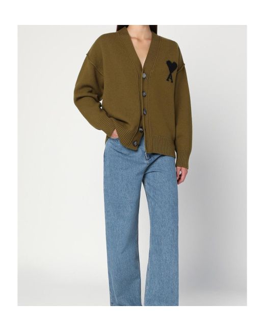 AMI Green Ami De Coeur Logo Intarsia-Knit Buttoned Cardigan for men