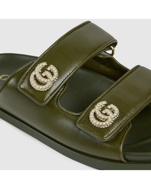 Gucci Green Crystal Double Strap Flat Sandals