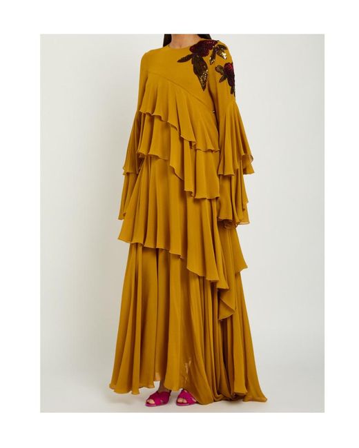LaDoubleJ Yellow Naiad Ruffled Embellished Silk-Georgette Maxi Dress