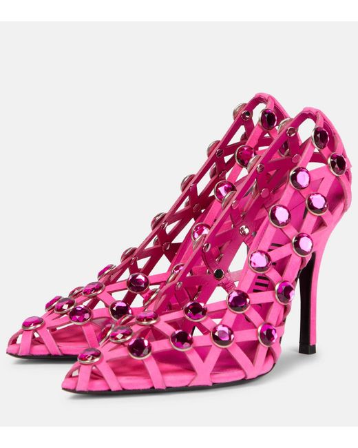The Attico Pink Grid Crystal-Embellished Suede High-Heeled Sandals