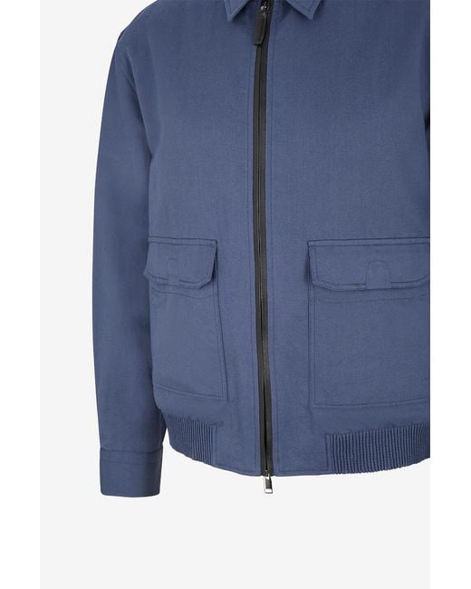 Brioni Blue Short Linen And Cotton Shirt Collar Jacket for men