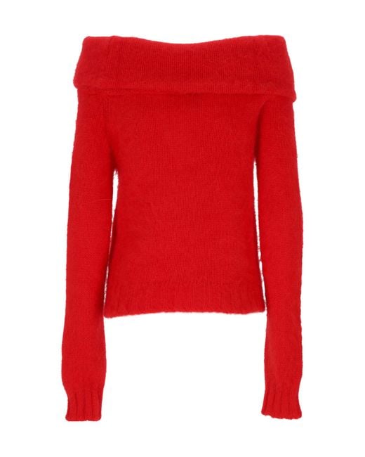 Blumarine Red Off-Shoulder Knitted Cropped Top