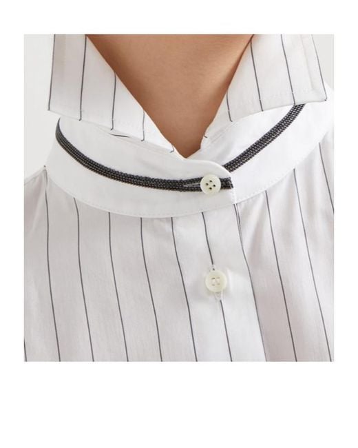 Brunello Cucinelli White Striped Collared Long-Sleeve Shirt