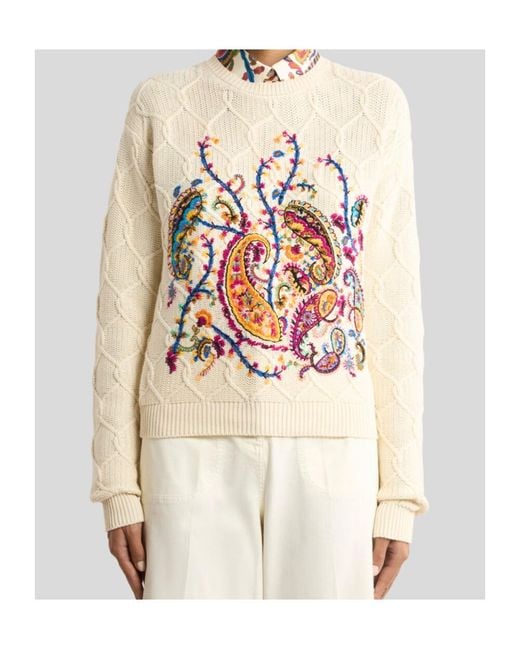 Etro White Cotton-Blend Sweater With Floral Paisley Embroidery