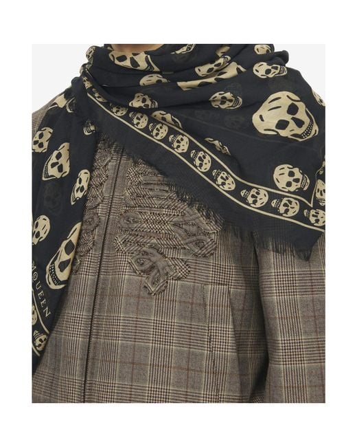 McQueen Black Skull-Print Fringed Scarf for men