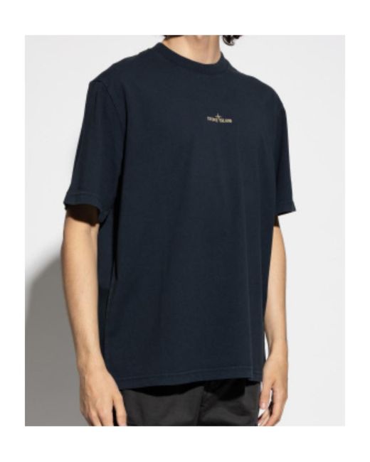 Stone Island Blue Compass Printed Crewneck T-Shirt for men