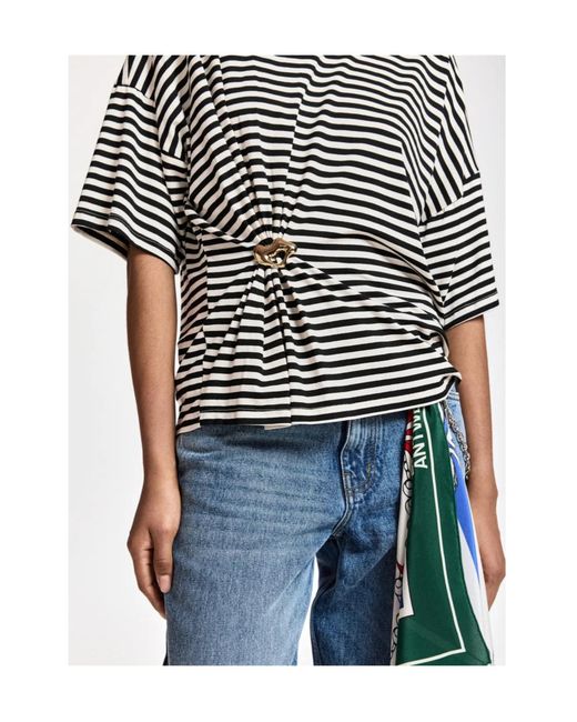 Essentiel Antwerp Black Kriss Striped Brooch T-Shirt