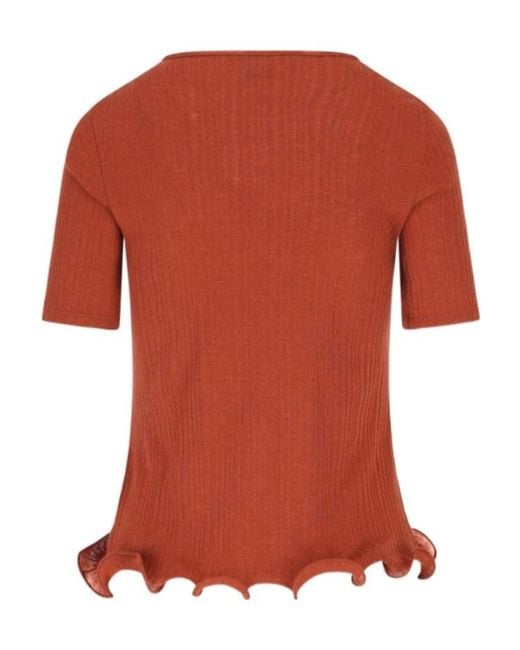 Fendi Orange Ribbed Knit Crew Neck Top With Wave Hem And Logo Embroidery